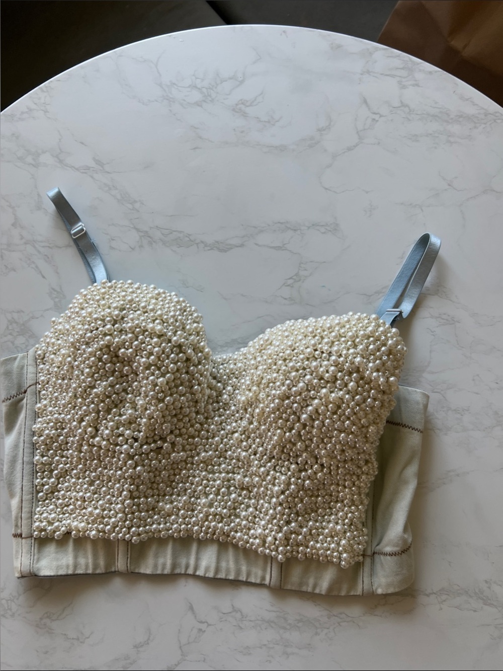 Pearl-Embellished Cream Crop Top with Straps